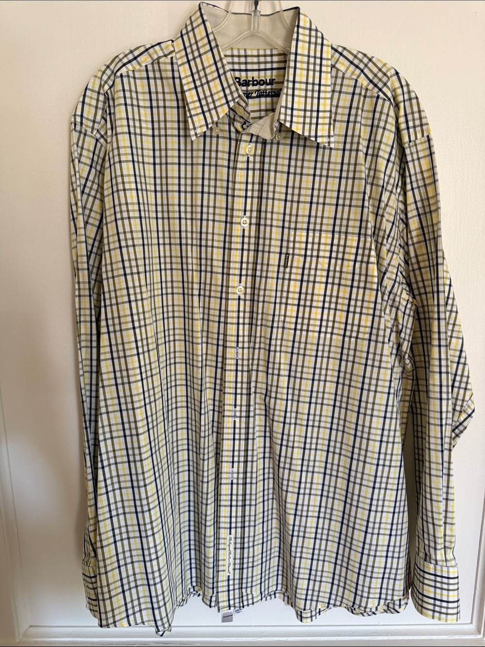 Barbour Summer Tattersall Men's Yellow and Navy Plaid Button-Down Shirt large